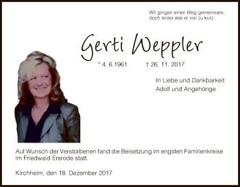 Traueranzeige von Gerti Weppler von Hersfeld