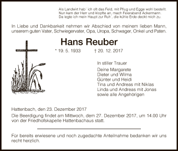 Traueranzeige von Hans Reuber von Hersfeld