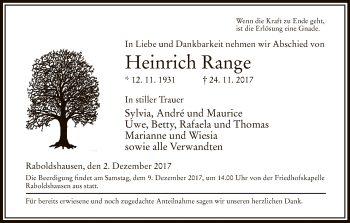 Traueranzeige von Heinrich Range von Hersfeld