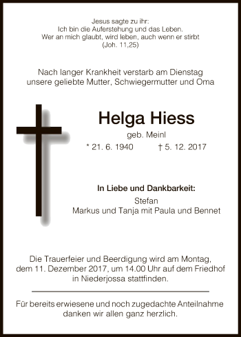 Traueranzeige von Helga Hiess von Hersfeld