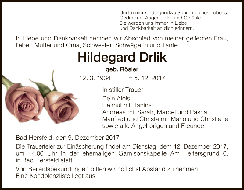  Traueranzeige für Hildegard Drlik vom 09.12.2017 aus Hersfeld