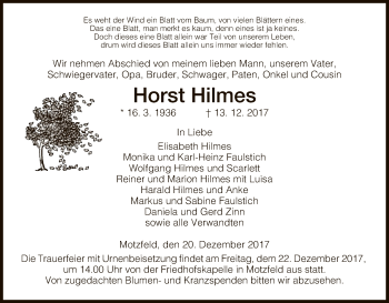 Traueranzeige von Horst Hilmes von Hersfeld