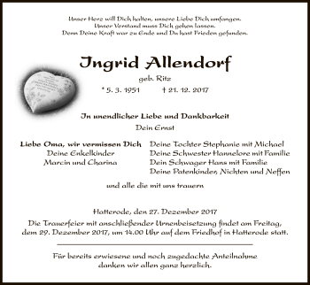 Traueranzeige von Ingrid Allendorf von Hersfeld