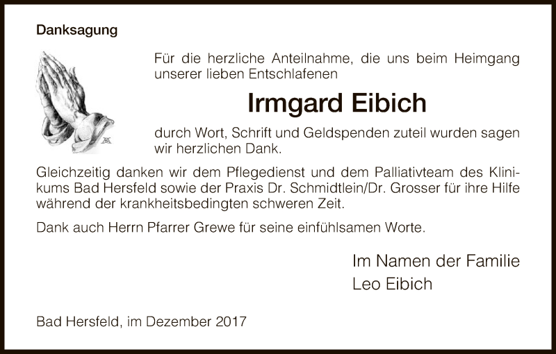  Traueranzeige für Irmgard Eibich vom 09.12.2017 aus Hersfeld