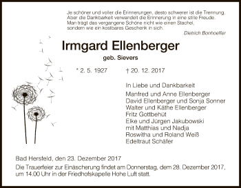 Traueranzeige von Irmgard Ellenberger von Hersfeld