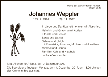 Traueranzeige von Johannes Weppler von Hersfeld