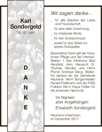 Traueranzeige von Karl Sondergeld von Hersfeld