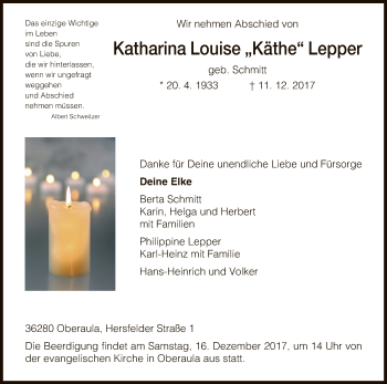 Traueranzeige von Katharina Louise Lepper von Hersfeld