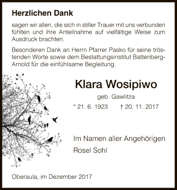 Traueranzeige von Klara Wosipiwo von Hersfeld