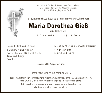 Traueranzeige von Maria Dorothea Gieß von Hersfeld