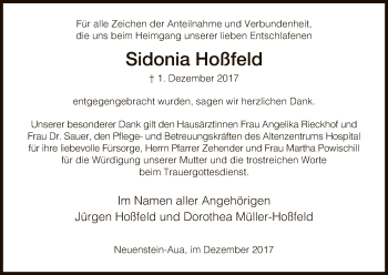 Traueranzeige von Sidonia Hoßfeld von Hersfeld