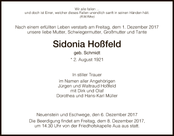 Traueranzeige von Sidonia Hoßfeld von Hersfeld