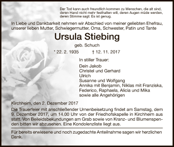 Traueranzeige von Ursula Stiebing von Hersfeld