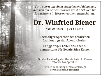 Traueranzeige von Winfried Biener von Hersfeld