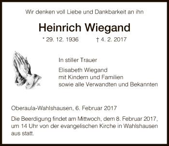 Traueranzeige von Heinrich Wiegand von Hersfeld