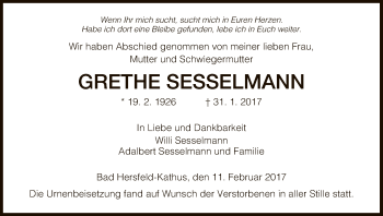 Traueranzeige von Grethe Sesselmann von Hersfeld