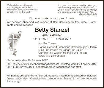 Traueranzeige von Betty Stanzel von Hersfeld