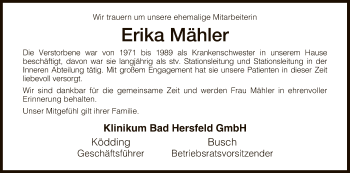 Traueranzeige von Erika Mähler von Hersfeld