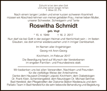 Traueranzeige von Roswitha Schmidt von Hersfeld