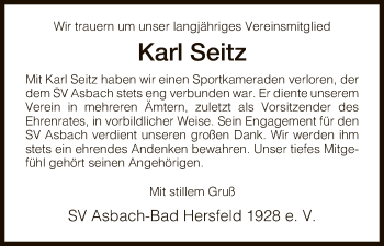 Traueranzeige von Karl Seitz von Hersfeld