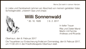 Traueranzeige von Willi Sonnenwald von Hersfeld