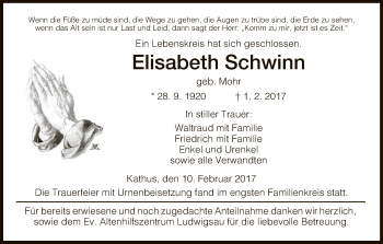 Traueranzeige von Elisabeth Schwinn von Hersfeld