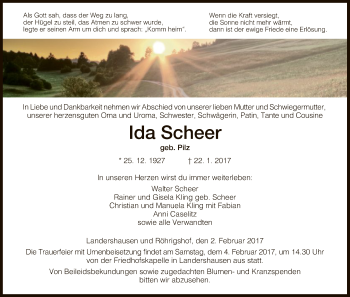 Traueranzeige von Ida Scheer von Hersfeld