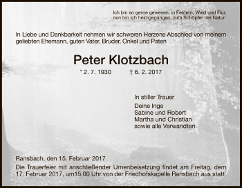 Traueranzeige von Peter Klotzbach von Hersfeld