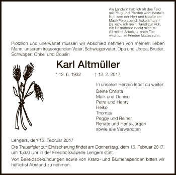 Traueranzeige von Karl Altmüller von Hersfeld