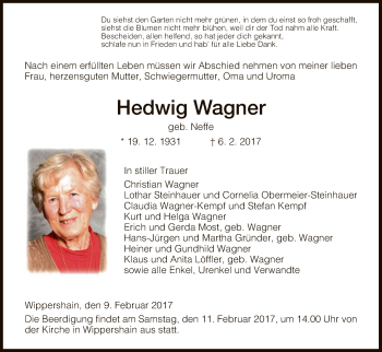 Traueranzeige von Hedwig Wagner von Hersfeld