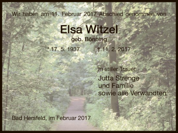 Traueranzeige von Elsa Witzel von Hersfeld