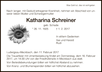 Traueranzeige von Katharina Schreiner von Hersfeld