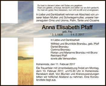 Traueranzeige von Anna Elisabeth Pfaff von Hersfeld