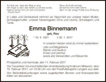 Traueranzeige von Emma Binnemann von Hersfeld