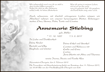 Traueranzeige von Annemarie Stiebing von Hersfeld