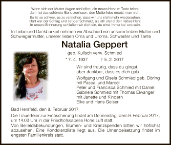 Traueranzeige von Natalia Geppert von Hersfeld