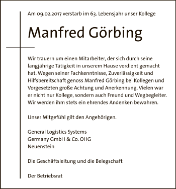 Traueranzeige von Manfred Görbing von Hersfeld