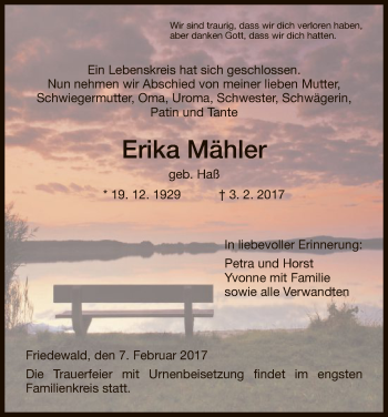 Traueranzeige von Erika Mähler von Hersfeld