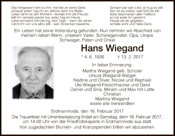 Traueranzeige von Hans Wiegand von Hersfeld