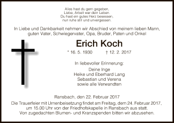 Traueranzeige von Erich Koch von Hersfeld