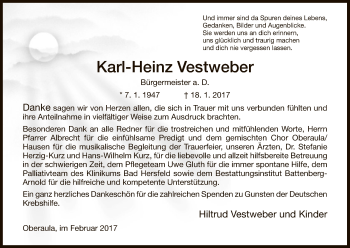 Traueranzeige von Karl-Heinz Vestweber von Hersfeld