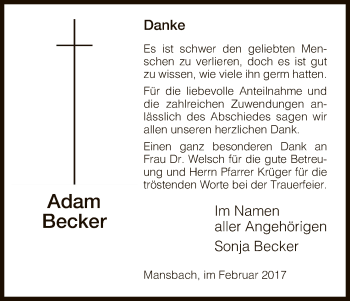 Traueranzeige von Adam Becker von Hersfeld