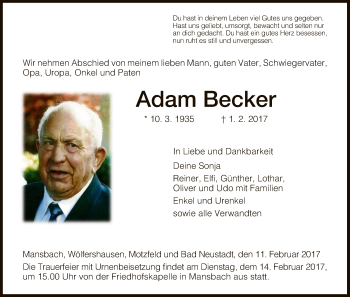 Traueranzeige von Adam Becker von Hersfeld