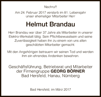 Traueranzeige von Helmut Brandau von Hersfeld