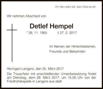 Traueranzeige von Detlef Hempel von Hersfeld