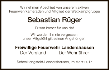 Traueranzeige von Sebastian Rüger von Hersfeld