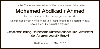 Traueranzeige von Mohamed Abdikadir Ahmed von Hersfeld