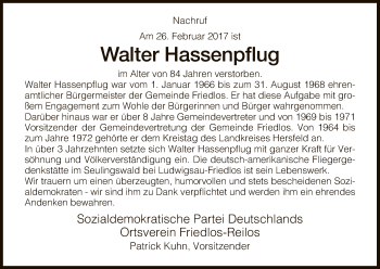 Traueranzeige von Walter Hassenpflug von Hersfeld