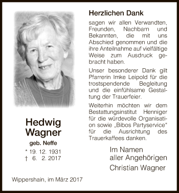 Traueranzeige von Hedwig Wagner von Hersfeld