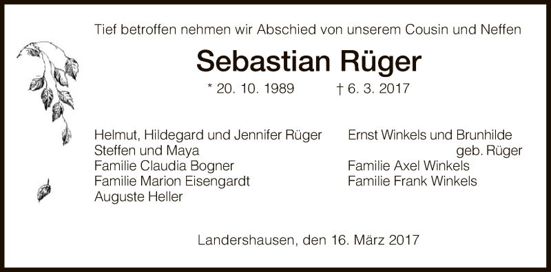  Traueranzeige für Sebastian Rüger vom 16.03.2017 aus Hersfeld